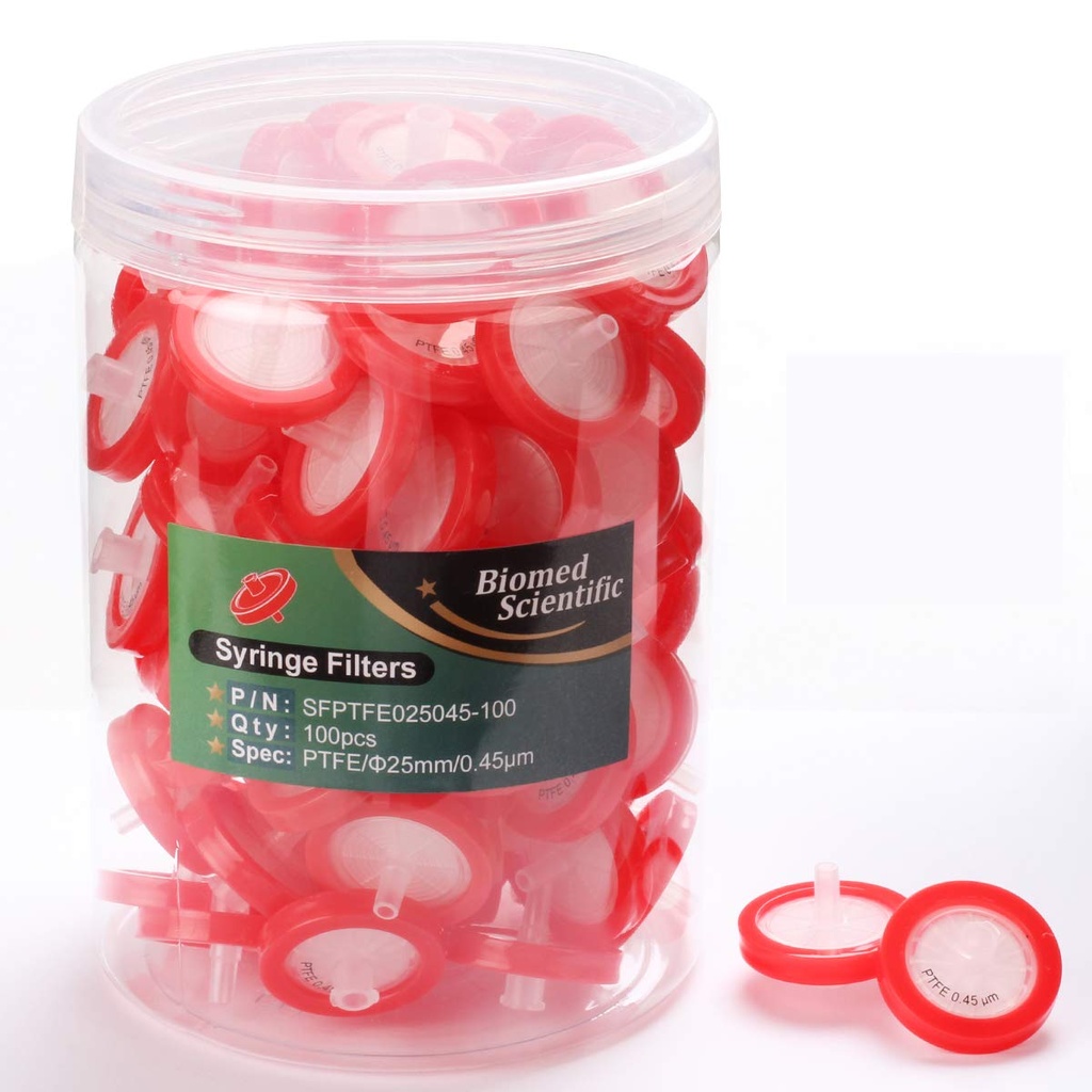 Filtro de jeringa con membrana de PTFE, 25 mm de diámetro, tamaño de poro de 0.45 µm, no estéril, paquete de 100 unidades