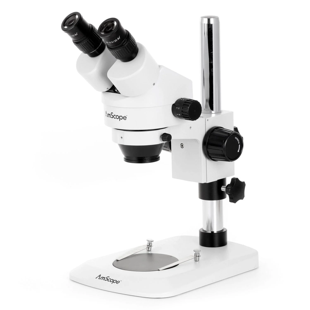 Microscopio binocular estereoscópico con zoom, aumento de 7X a 45X, con anillo de luz compacto de 56 LED y soporte de pilar compacto Amscope SM-1BN-56S